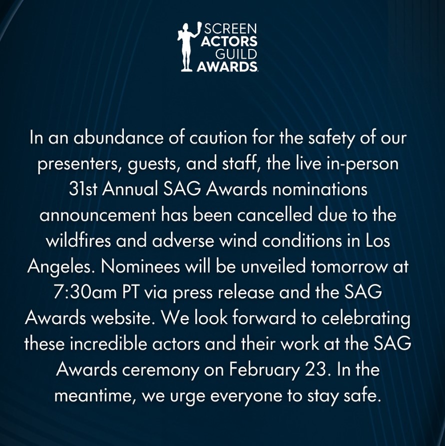 SAG Awards adia anúncio de indicados por causa dos incêndios em Los Angeles